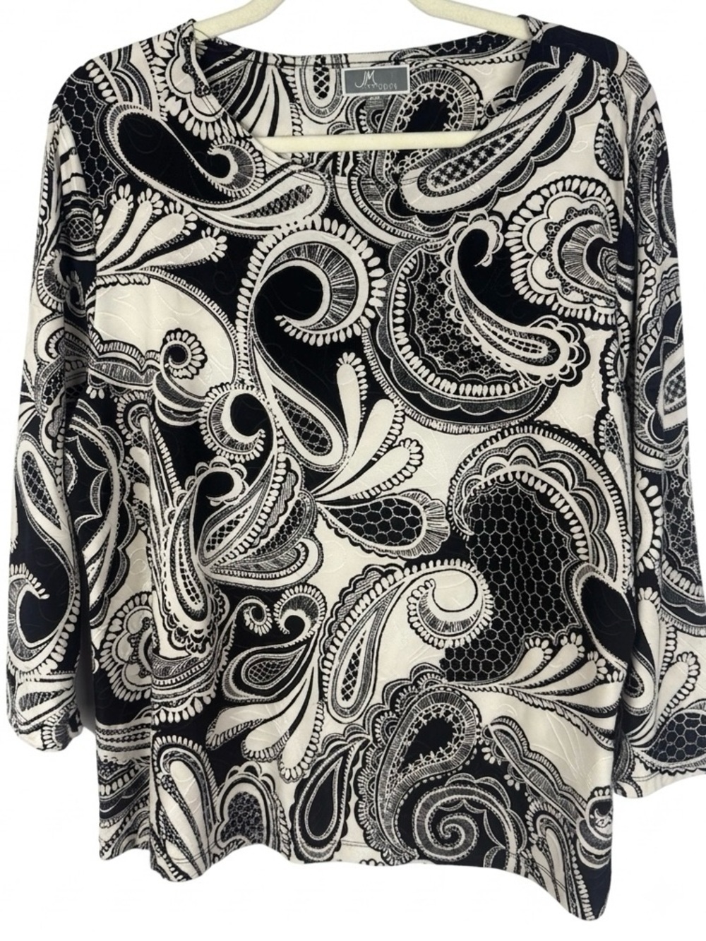 JM Collection Petite Paisley 3/4 Sleeve Top Black White P/XL Quilted Texture